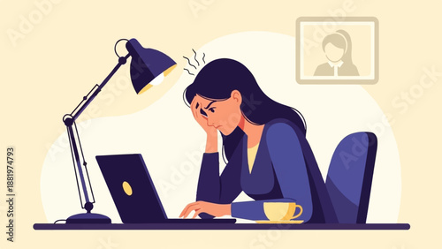 Woman stressed at desk with laptop, lamp, and coffee
