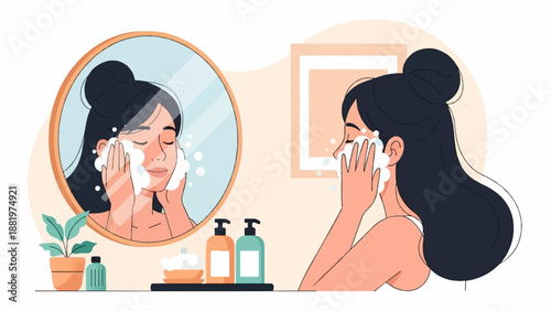 Woman washing her face with foam in front of a mirror, surrounded by toiletries and plants