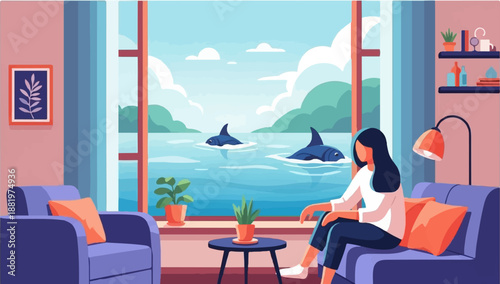 Woman watching orcas swim by from a cozy room with plants and art