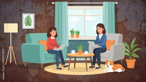 Two women work on laptops in a cozy room with a dog
