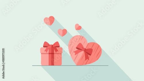 Two pink gifts, one heart-shaped, and small hearts float upwards