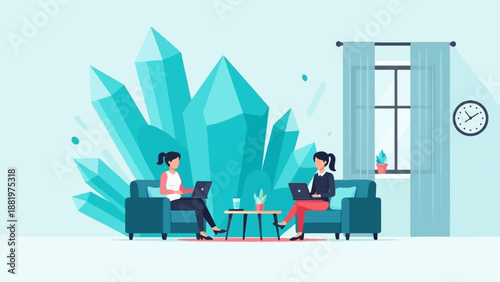 Two women work on laptops in a modern, stylish room with large crystal decorations