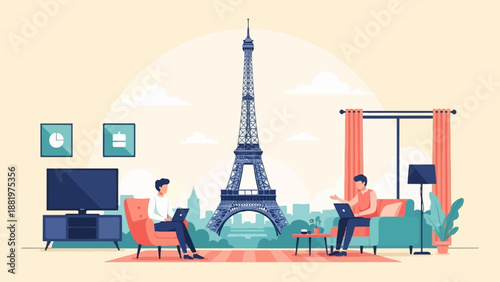 Two people working remotely with Eiffel Tower view