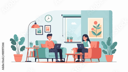 Two people sitting on sofas using laptops in a bright, modern living room