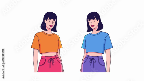 Two women in colorful outfits with bob haircuts and stylized features