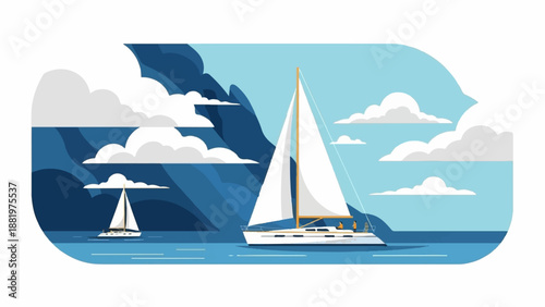 Two sailboats glide on calm blue water near dark, layered hills under a sky with clouds
