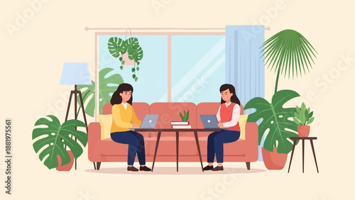 Two women work on laptops in a plant-filled living room
