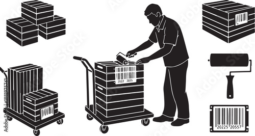 Man loading boxes onto a dolly for shipping logistics