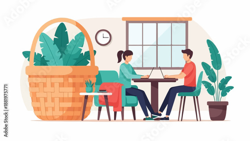 Two people work on laptops at a table in a bright, plant-filled room