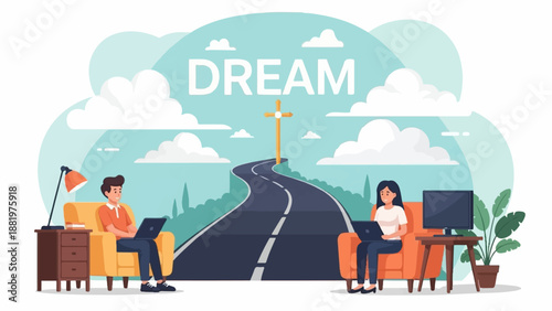 Two people work on laptops, facing a road leading to a cross with the word DREAM