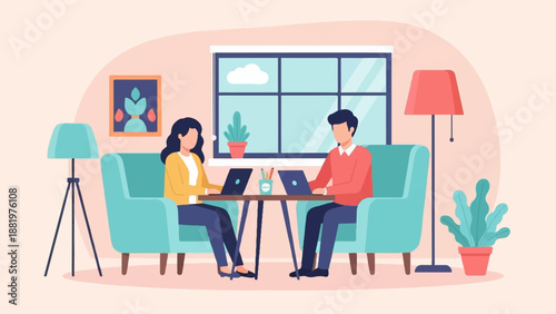 Two people work on laptops in a cozy living room with plants and lamps