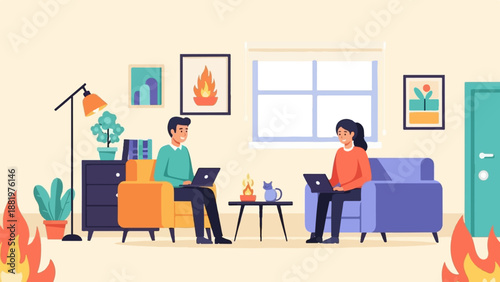 Two people work on laptops in a cozy room as fires burn outside