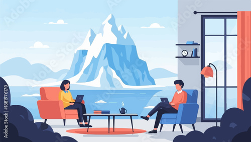 Two people work on laptops in a cozy room overlooking a frozen landscape