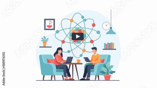 Two people work on laptops in a cozy room with atom model and plant decor