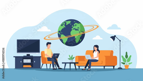 Two people work on laptops in a living room with a globe overhead