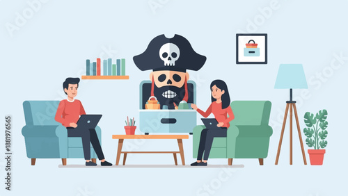 Two people work on laptops in a living room with a pirate on a screen