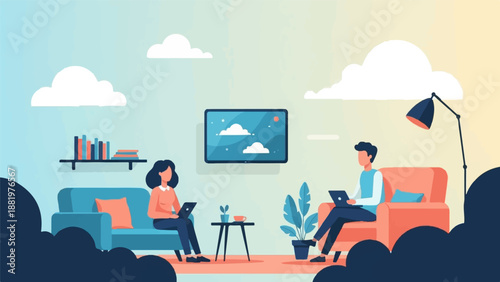 Two people work on laptops in a living room with a tv and plants