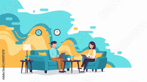 Two people work on laptops in comfortable seating area