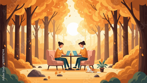 Two women work on laptops in comfortable chairs amidst an autumn forest