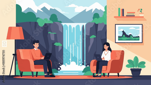 Two people work on laptops in cozy chairs with a waterfall and mountains in the background