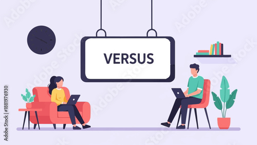 Two people work on laptops opposite each other, facing a screen with the word "VERSUS