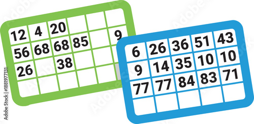 Colorful bingo cards with random numbers, lottery game boards illustration, fun chance game concept, gambling entertainment design, isolated on white background vector