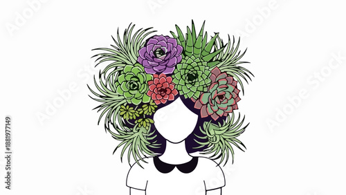 Woman with crown of succulents and dark collar shirt