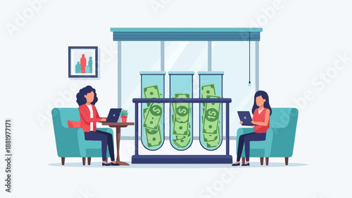 Two women work on laptops next to test tubes filled with cash