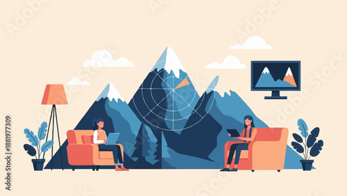 Two women in cozy seating areas with laptops amidst stylized mountains