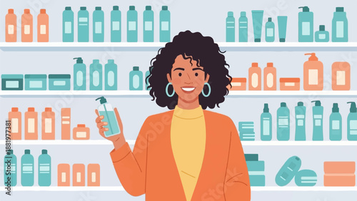 Woman with curly hair holds skincare bottle in store aisle