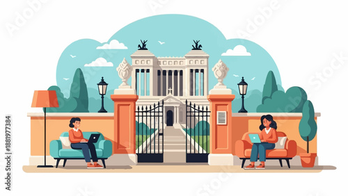 Two women work on laptops on comfortable couches outside a grand building