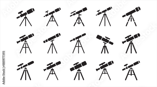 Astronomical Telescope Tripod Icons Set Isolated on White Background