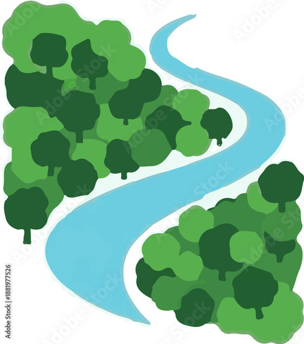 Winding river flows through lush green forest