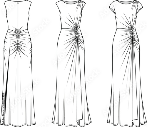 Elegant evening gown technical sketch, fashion illustration, dress design, garment construction, front and back view, ruched waist, flared skirt, sleeve variation