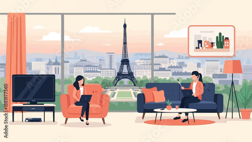 Two women work remotely from home with a city skyline view