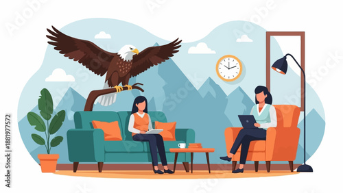 Two women in living room with an eagle perched on a branch behind them