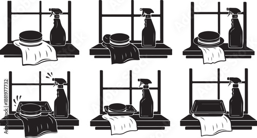 Cleaning supplies and towels on a window sill arrangement