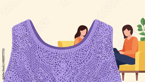 Two women in orange shirts relax on yellow chairs in a cozy indoor scene