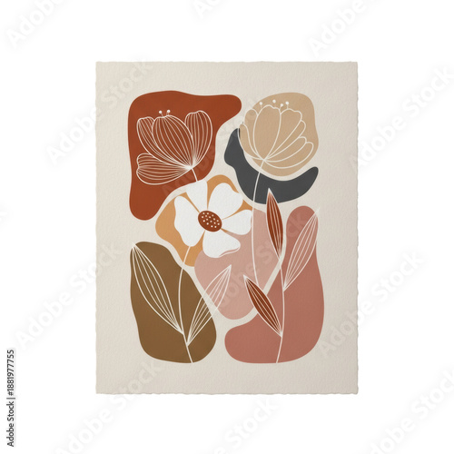 stylized abstract floral illustration with palpable texture, earthy terracotta and dusty rose colors, high-end boho flat lay on transparent background, concept of sophisticated minimalist design