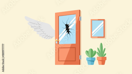 Winged door with cracked glass and potted plants