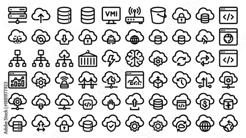 Cloud computing services icon set. Bold outline vector icons for cloud storage, web hosting, cybersecurity, data servers, virtual machine, coding, AI technology, and internet network infrastructure.