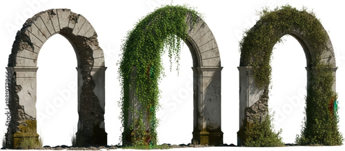 Three ancient stone archways one partially covered in lush green ivy and two weathered with moss showcasing weathered texture and ruinous beauty ancient archway stone structure transparent background