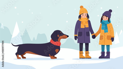 Winter scene with two girls and a dachshund in snow-covered mountains