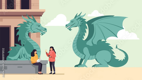 Two women interact near large dragon statues against a cloudy sky