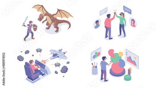 Isometric virtual reality experience vector illustration set showing VR gaming, social interaction, creative design, and flight simulation scenes in modern digital environment concept