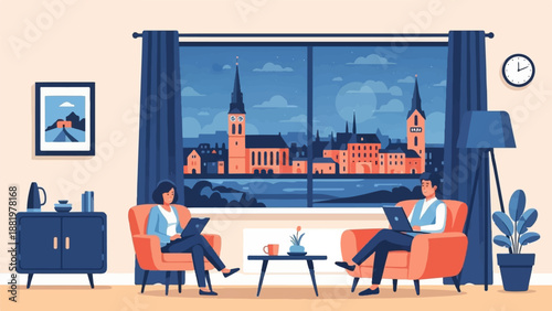 Two people working on laptops while enjoying a cityscape view at night