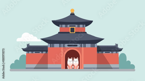 Two Shiba Inu dogs guard a traditional pagoda building with minimal, flat design