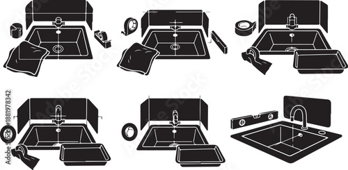 Black and white kitchen sink illustrations with plumbing tools