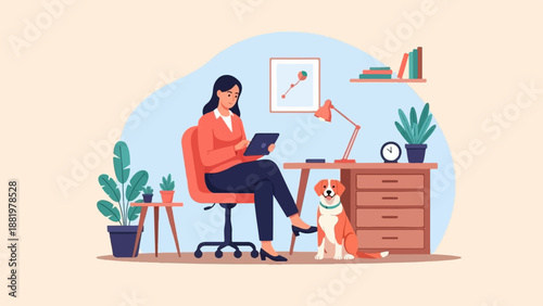 Woman working on a tablet at a desk with a dog, plants, and books