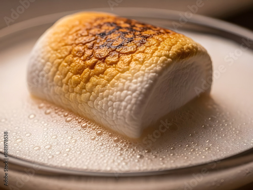 Toasted marshmallow on steaming beverage with foam
